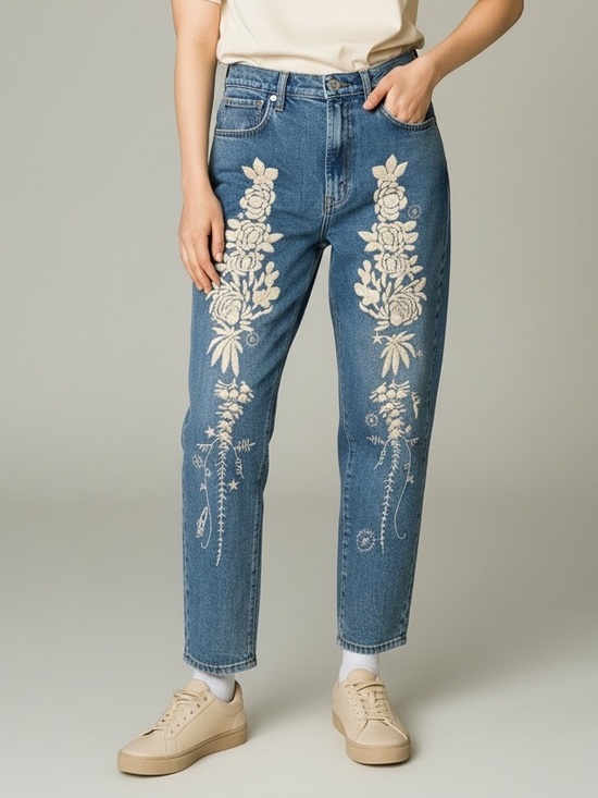7 For All Mankind Denim - 7 For All Mankind Blue Denim Straight Leg Jeans with Cream Floral Embroidery